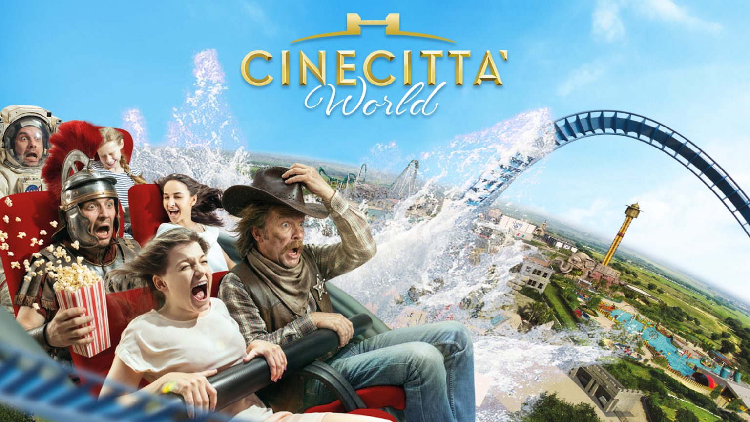 Thrill-seekers scream on a red roller coaster at Cinecittà World as water splashes around them under a blue sky with the park visible in the distance.