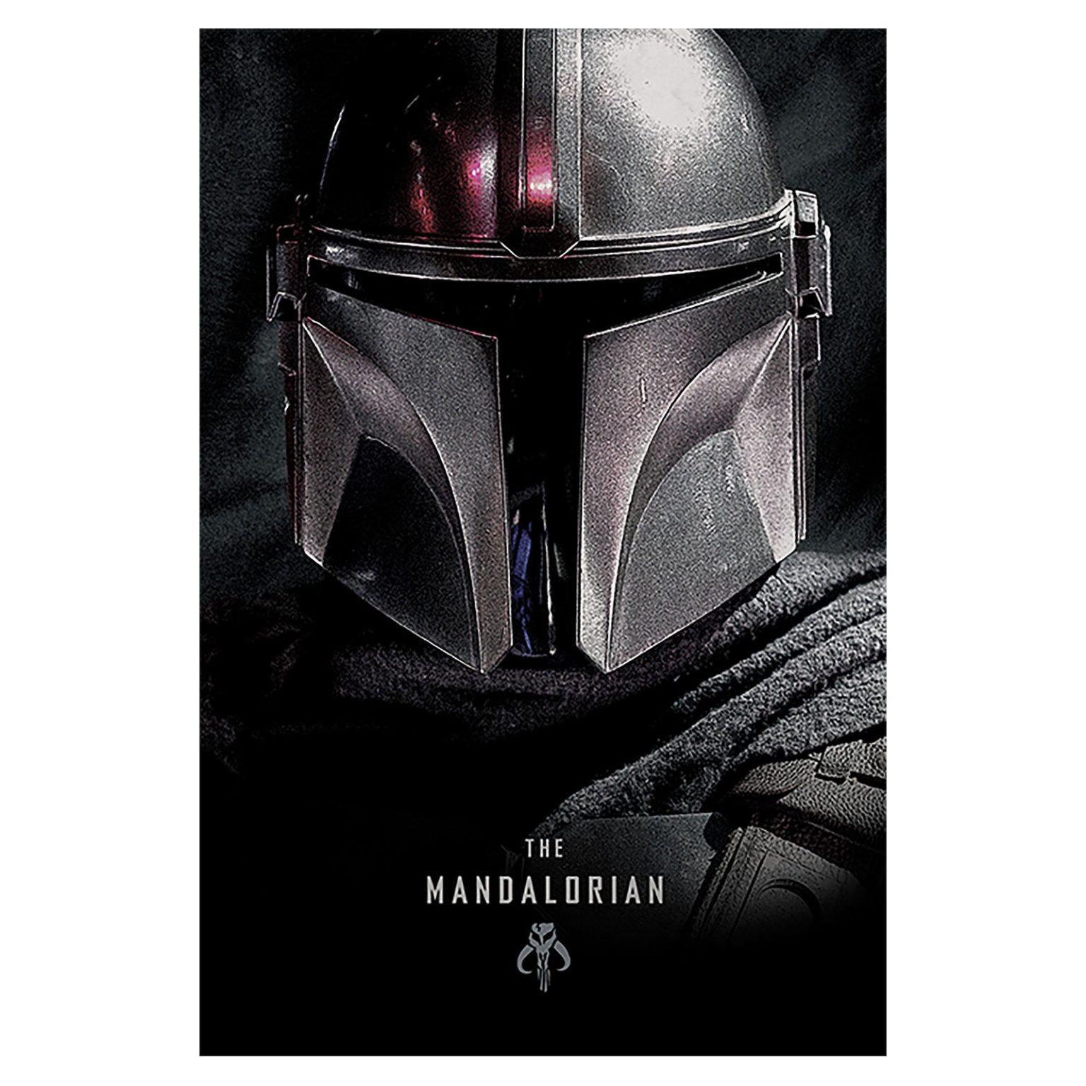 Close-up of The Mandalorian helmet on a dark poster background, with the title The Mandalorian visible below.