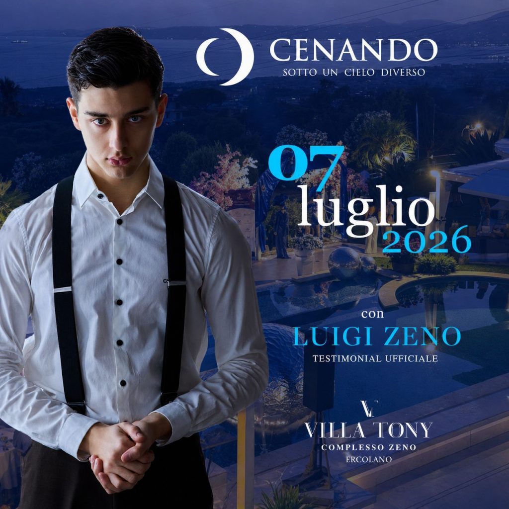 Promotional poster for Luigi Zeno event on 07 July 2026 at Villa Tony, featuring a man in a white shirt with suspenders against a blue resort backdrop.